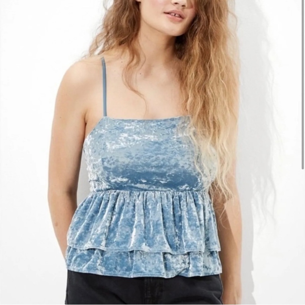 Small American Eagle Light Blue Crushed Velvet Sleeveless Peplum Tank